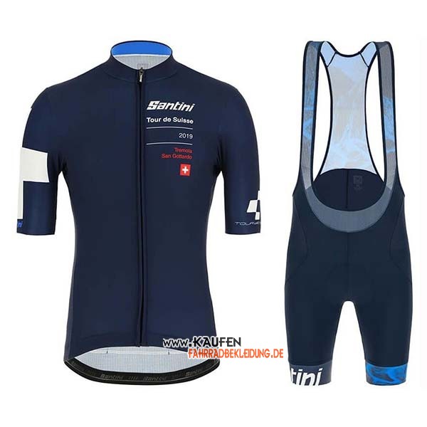 Tour de Suisse Kurzarmtrikot 2019 und Kurze Tragerhose Dunkel Blau Wei